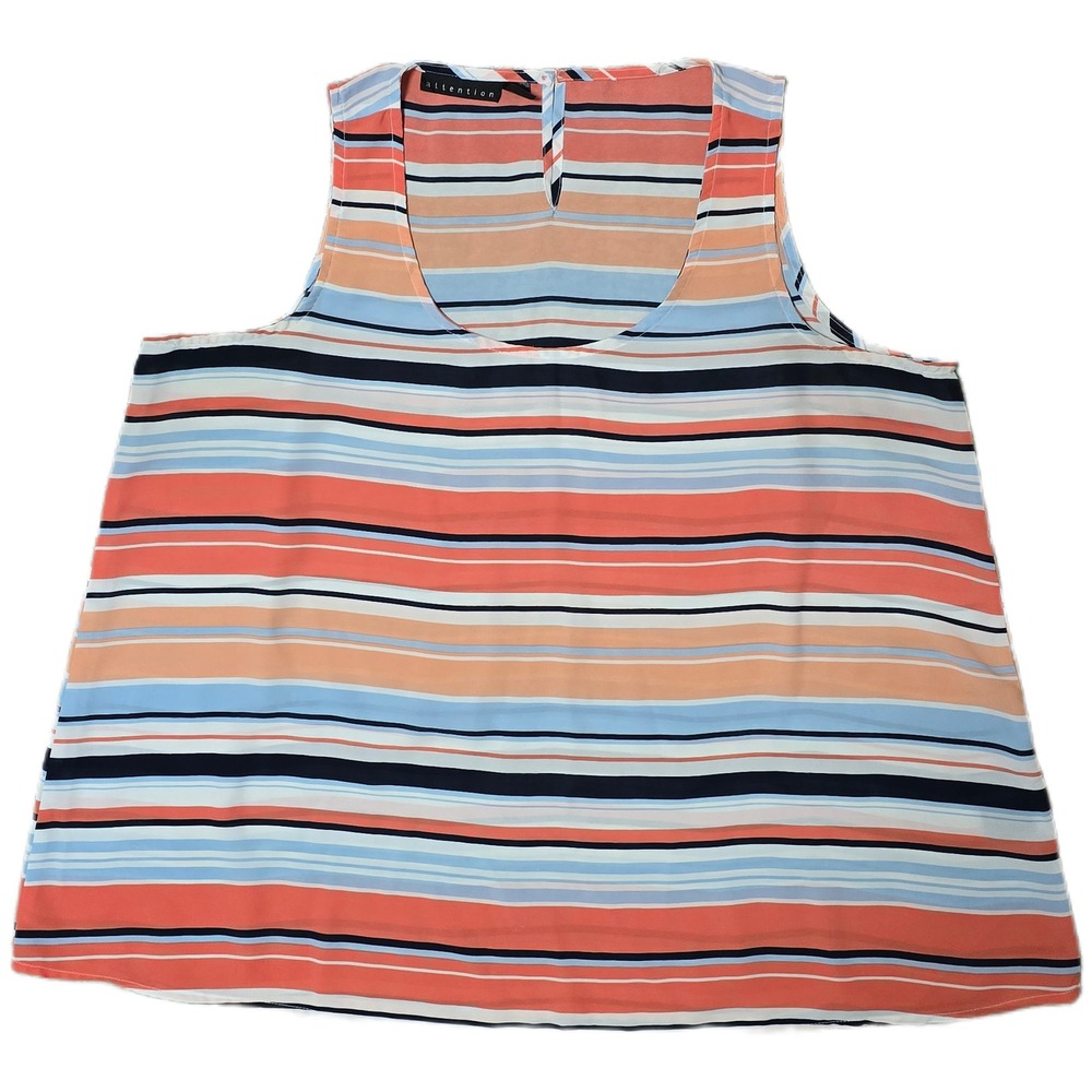 Attention XL Sleeveless Tank‎ Top Blouse Striped Coral Blue Casual Summer (T)